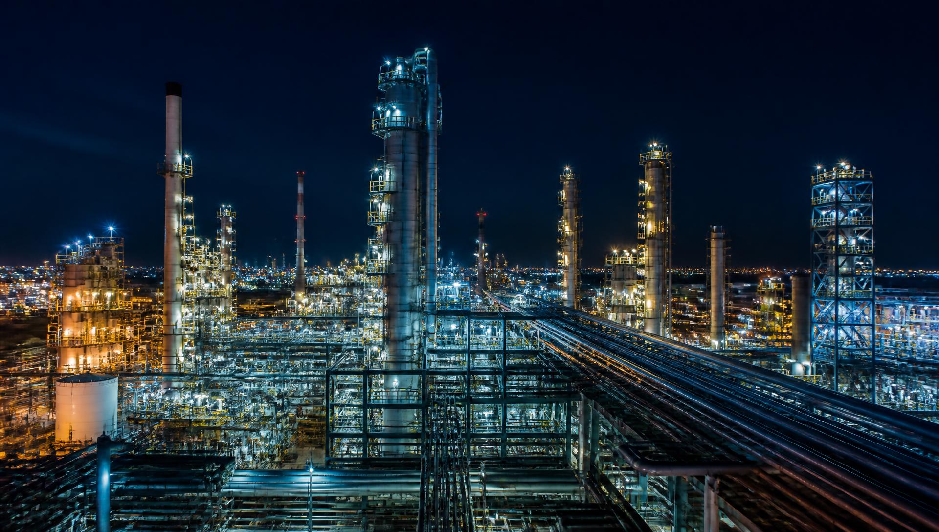 Petrochemical processing facility illuminated at night
