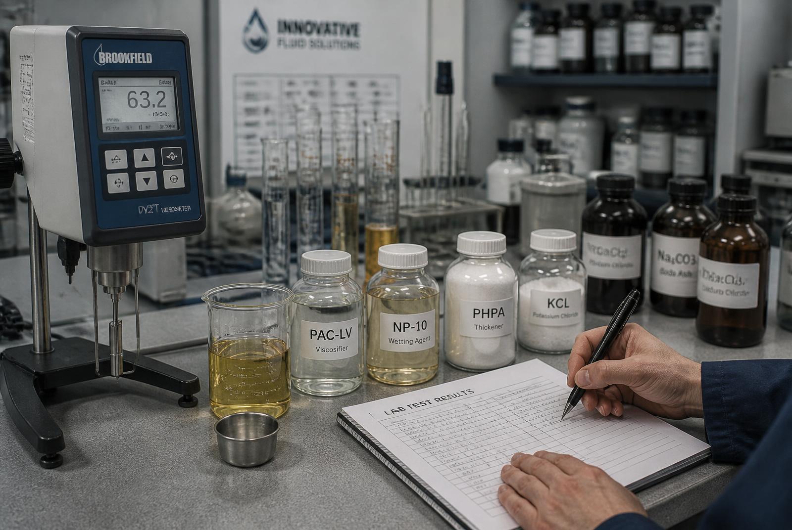 Laboratory bench with test glassware and industrial chemical samples
