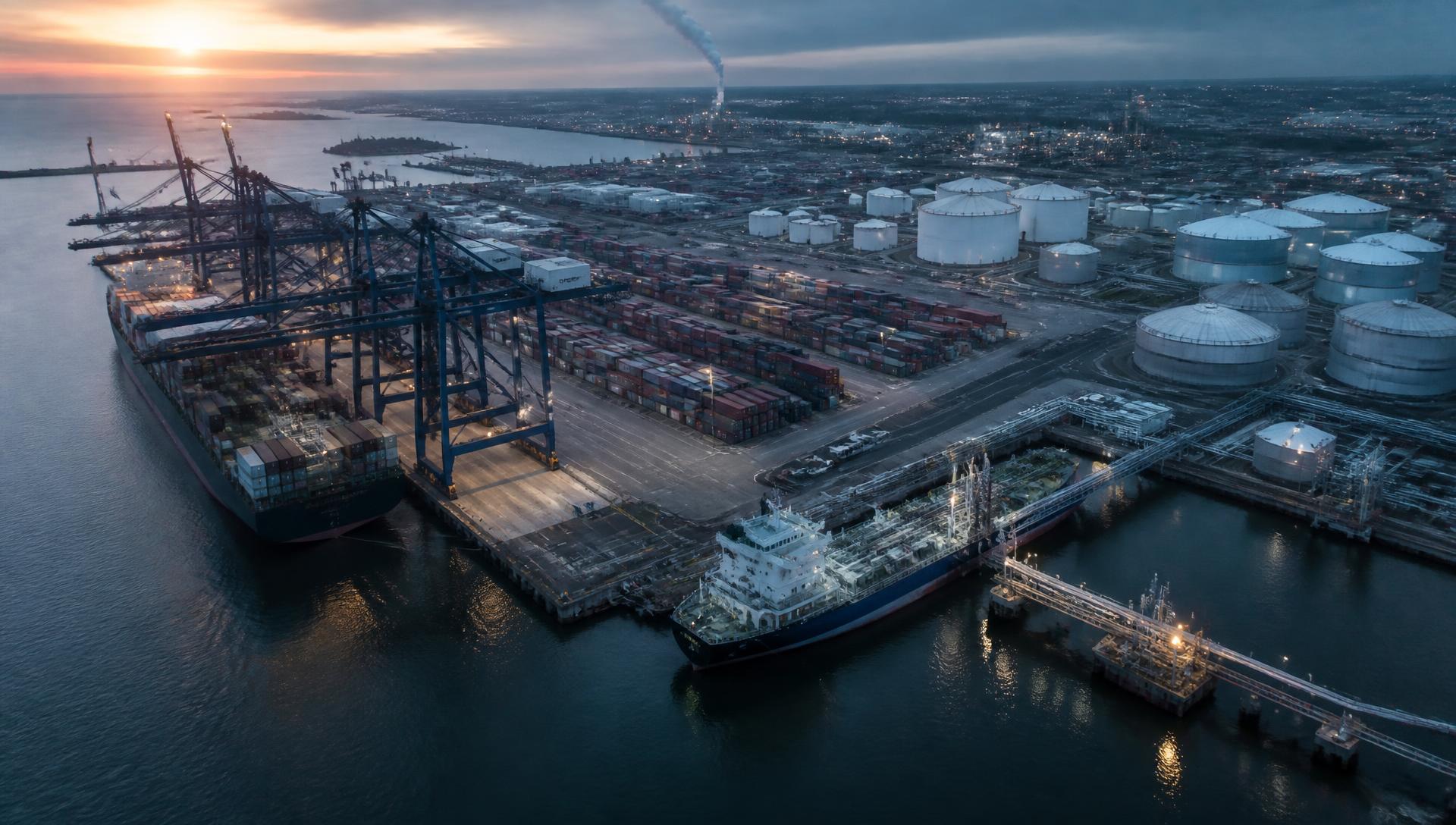 Container port terminal with chemical storage tanks at dawn